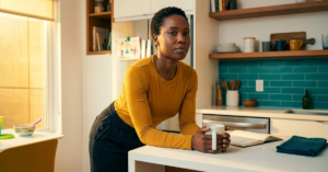 How to Be Intentional When You Have Nothing Left Black woman in mustard-yellow top, hands wrapped around coffee mug leaning on kitchen counter, open journal beside her — intentional morning moment