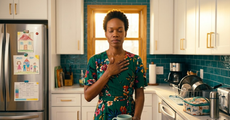 Why You Can Have Peace Without Having It Together Black woman in deep green floral wrap dress, eyes closed hand on chest in kitchen amid the mess, teal backsplash, gold window light