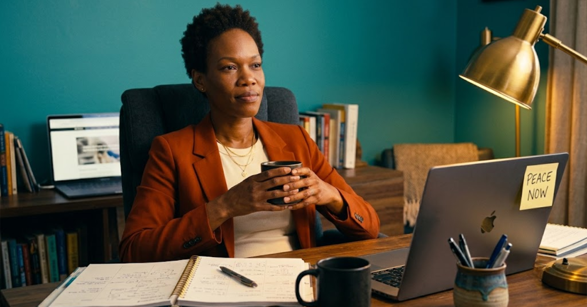 Black woman in rust-orange blazer leaning back in desk chair holding coffee mug, calm amid busy workspace, PEACE NOW sticky note on laptop