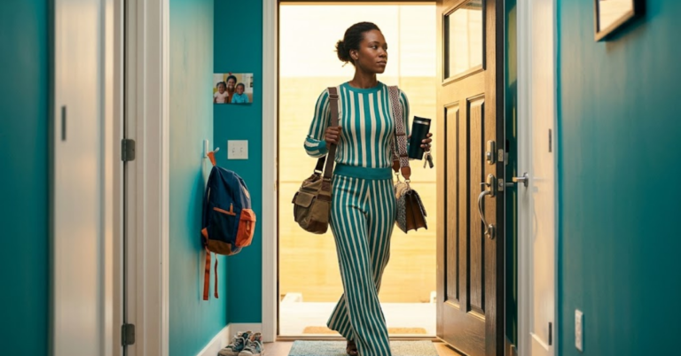 Black woman in teal-and-cream striped knit set walking out front door with travel mug and keys, teal entryway wall, gold backlight
