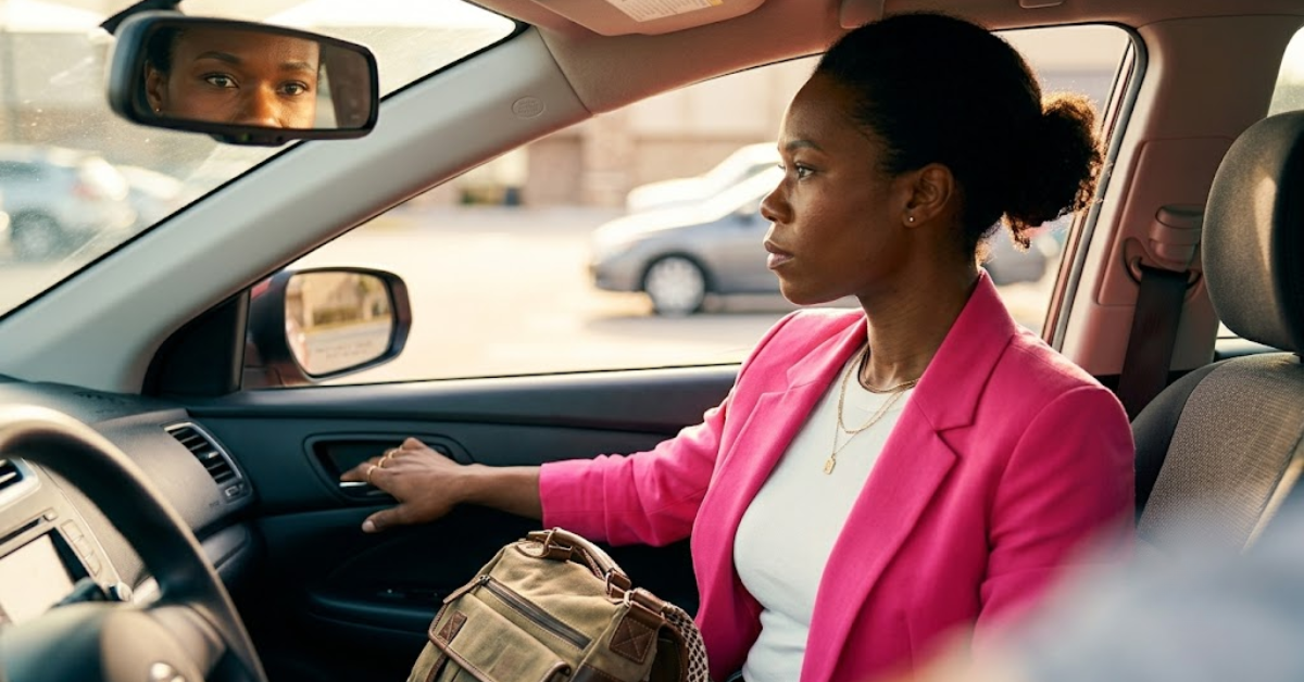 You Don't Have to Be Ready to Show Up: A Guide for the ADHD Mom Who Feels Perpetually Behind Black woman in hot-pink blazer sitting in car drivers seat looking at herself in the rearview mirror