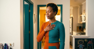 ADHD Emotional Dysregulation: What It Is, Why It Hits Moms Hard, and What Actually Helps Black woman in orange-and-teal color-block outfit, hand on chest eyes closed in hallway pause, teal doorframe, gold rim light — ADHD mom regulating
