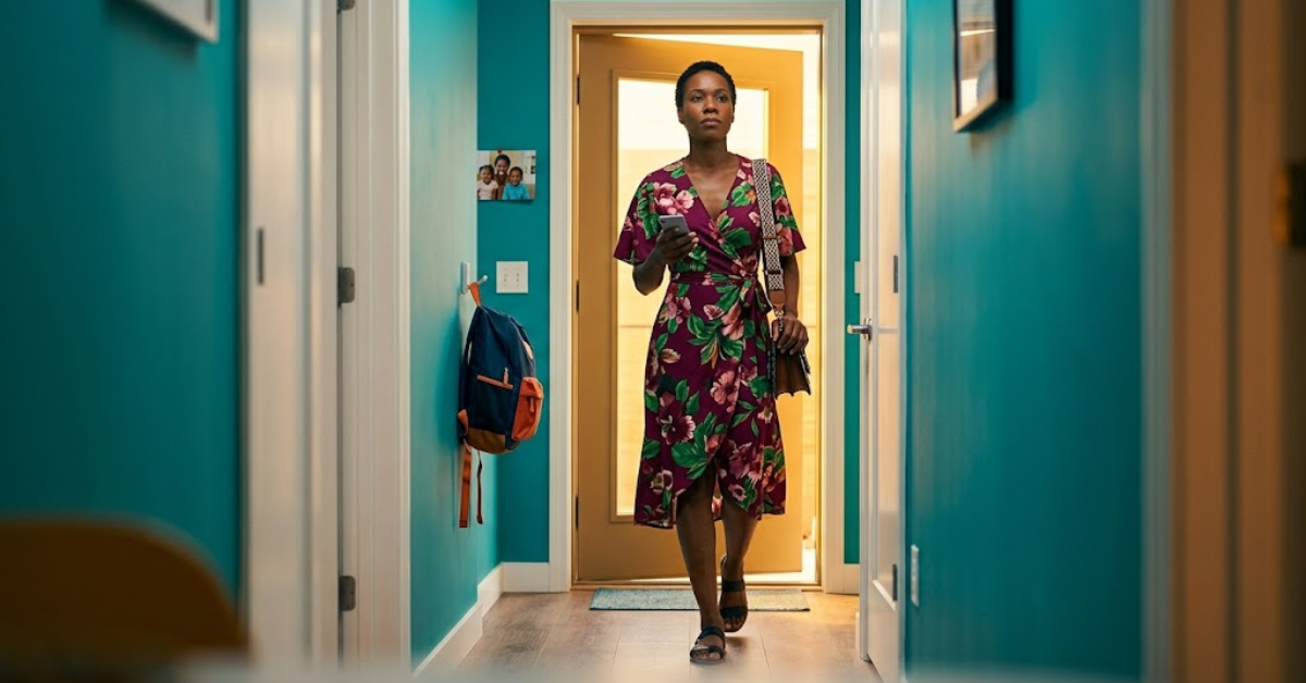 When Getting Ready Becomes the Reason You Never Show Up: Procrastination Disguised as Preparation Black woman in burgundy floral wrap dress mid-stride walking toward open door, teal hallway walls, warm gold backlight