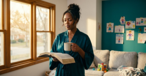 Showing Up As You Are Is Enough Black woman in deep teal silk robe holding Bible and coffee mug in morning living room, gold light flooding in, kids' drawings on wall