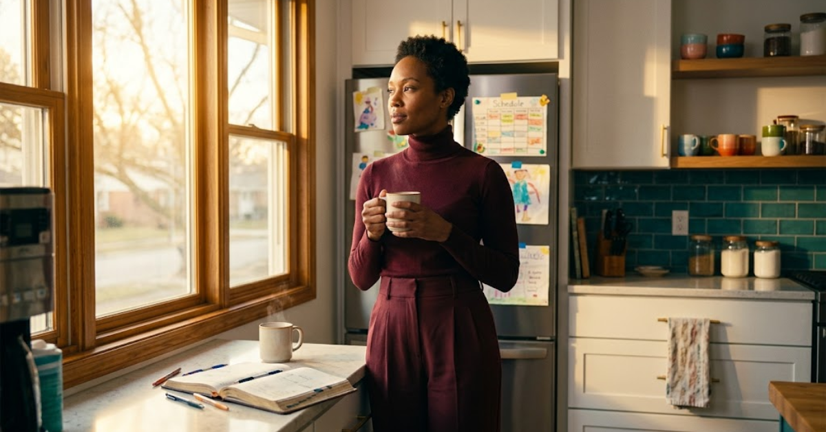 Black woman in burgundy turtleneck standing at kitchen window both hands on mug, teal backsplash, gold morning light, kids schedule on fridge