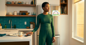 Stop Looking for Validation from Others Black woman in deep green lounge set pulling her hand away from phone placed face-down on kitchen counter, teal tile backsplash
