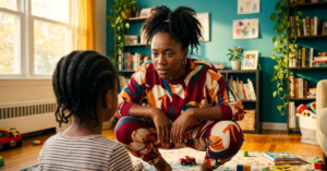 When the Mom Teaching Patience Is Still Learning It Black woman in red-and-cream abstract jogger set crouched at child's eye level in living room, present and focused expression, teal accent wall