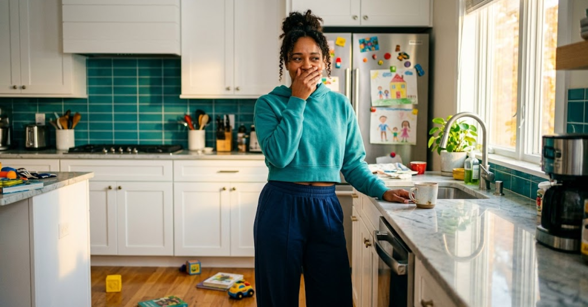 When the Mom Teaching Patience Is Still Learning It Black woman in teal crop hoodie with hand over mouth, rueful expression in kitchen, kids drawings on fridge, teal backsplash